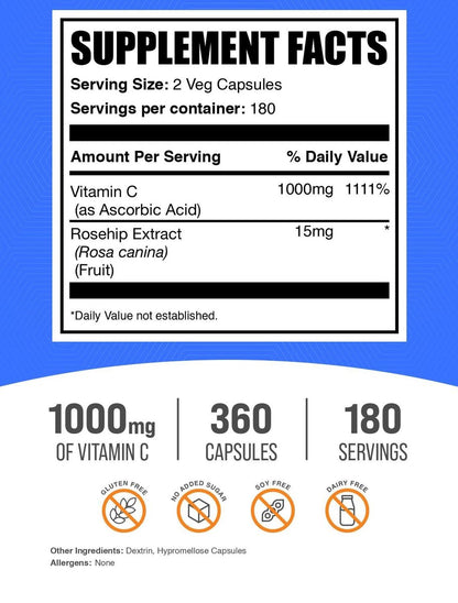 BulkSupplements.com Vitamin C mit Hagebutten Kapseln - Ascorbinsäure Nahrungsergänzung, Hagebutte für Immununterstützung - Vegan, 2 Kapseln pro Portion (1000 mg), 360 Stück (1 Packung)