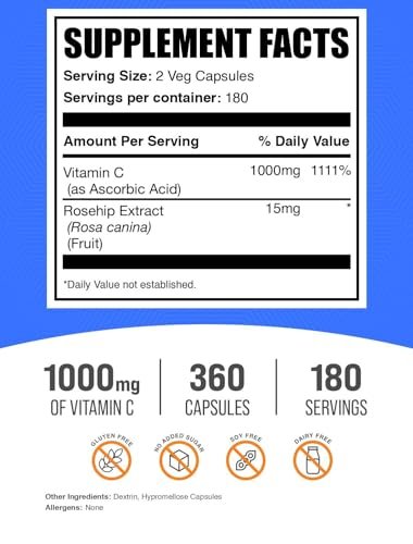 BulkSupplements.com Vitamin C mit Hagebutten Kapseln - Ascorbinsäure Nahrungsergänzung, Hagebutte für Immununterstützung - Vegan, 2 Kapseln pro Portion (1000 mg), 360 Stück (1 Packung)