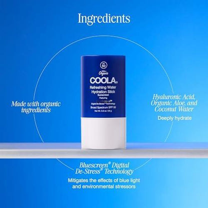 COOLA Organic Refreshing Water Stick Gesichtsfeuchtigkeitscreme mit SPF 50 – Feuchtigkeitsspendender Sonnenschutz mit pflanzlicher BlueScreen Digital De-Stress Technologie, 0,8 oz