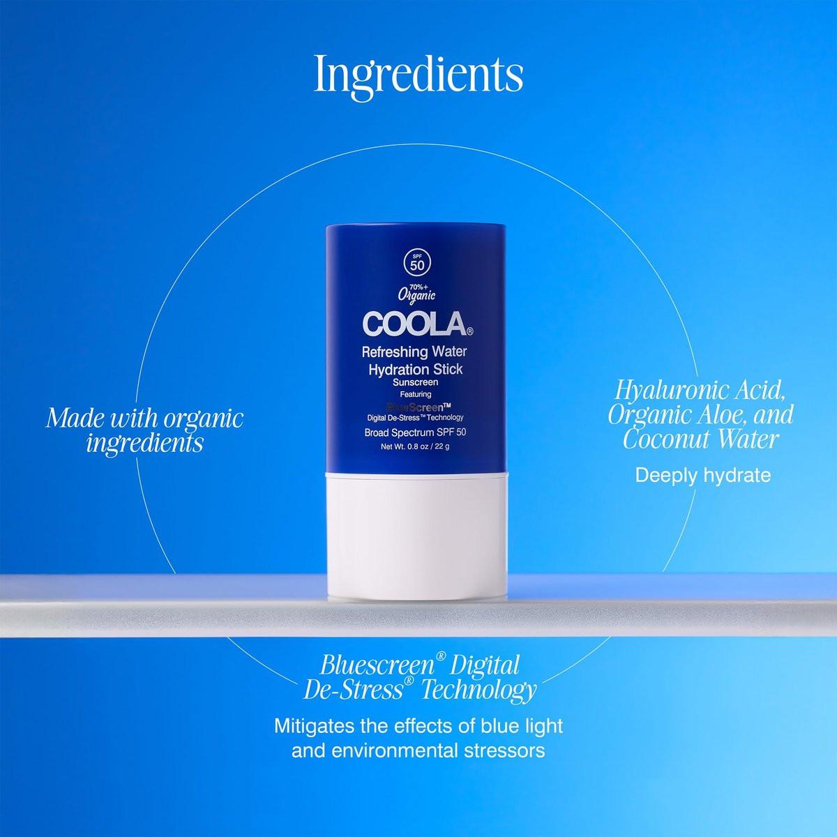 COOLA Organic Refreshing Water Stick Gesichtsfeuchtigkeitscreme mit SPF 50 – Feuchtigkeitsspendender Sonnenschutz mit pflanzlicher BlueScreen Digital De-Stress Technologie, 0,8 oz
