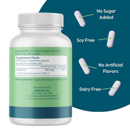 BESTVITE Vitamin K2 100 mcg als MK-7 mit patentiertem K2VITAL (120 vegane Kapseln) – ohne Stearate, vegan, nicht gentechnisch verändert, glutenfrei