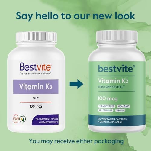BESTVITE Vitamin K2 100 mcg als MK-7 mit patentiertem K2VITAL (120 vegane Kapseln) – ohne Stearate, vegan, nicht gentechnisch verändert, glutenfrei