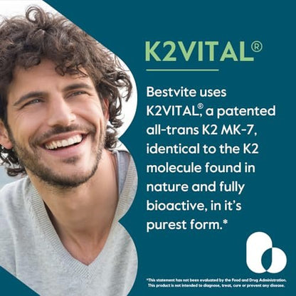 BESTVITE Vitamin K2 100 mcg als MK-7 mit patentiertem K2VITAL (120 vegane Kapseln) – ohne Stearate, vegan, nicht gentechnisch verändert, glutenfrei
