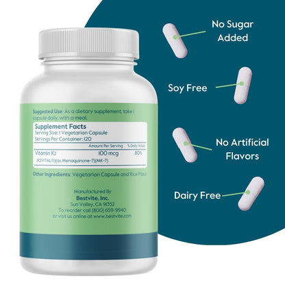 BESTVITE Vitamin K2 100 mcg als MK-7 mit patentiertem K2VITAL (120 vegane Kapseln) – ohne Stearate, vegan, nicht gentechnisch verändert, glutenfrei