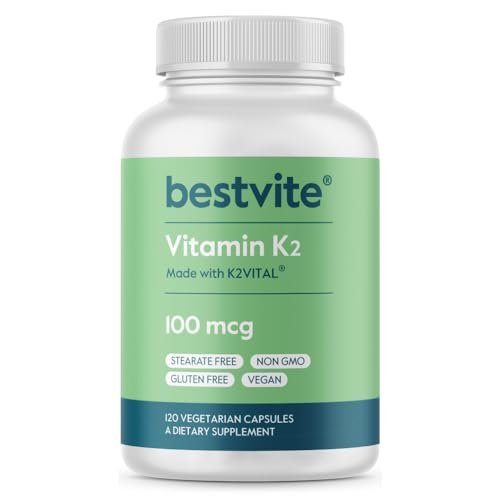 BESTVITE Vitamin K2 100 mcg als MK-7 mit patentiertem K2VITAL (120 vegane Kapseln) – ohne Stearate, vegan, nicht gentechnisch verändert, glutenfrei
