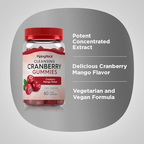 Piping Rock Cranberry Gummis | 60 Stück | Reinigendes Nahrungsergänzungsmittel für Frauen und Männer | Cranberry-Mango-Geschmack | Vegan, Non-GMO, Glutenfrei