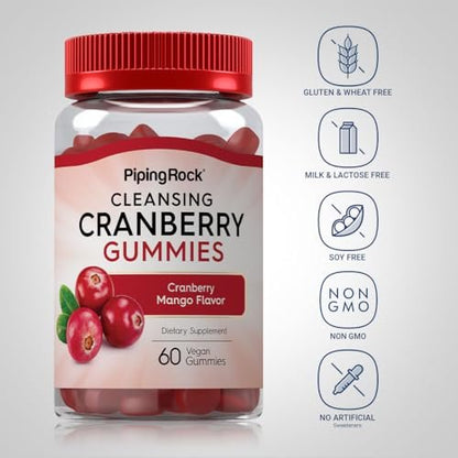 Piping Rock Cranberry Gummis | 60 Stück | Reinigendes Nahrungsergänzungsmittel für Frauen und Männer | Cranberry-Mango-Geschmack | Vegan, Non-GMO, Glutenfrei