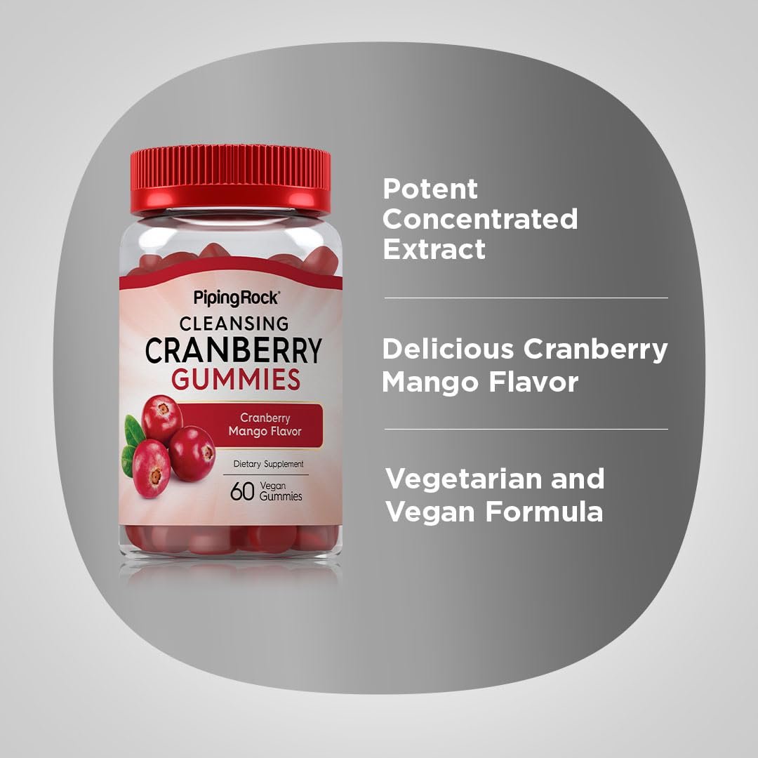 Piping Rock Cranberry Gummis | 60 Stück | Reinigendes Nahrungsergänzungsmittel für Frauen und Männer | Cranberry-Mango-Geschmack | Vegan, Non-GMO, Glutenfrei