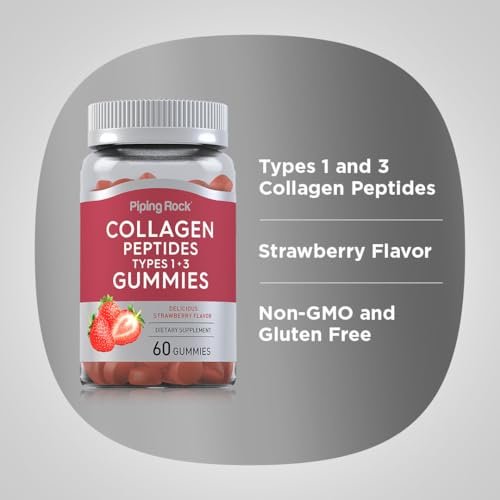 Piping Rock Collagen Gummis | 60 Stück | Kollagenpeptide Typ 1 und 3 | Erdbeergeschmack | Rinderkollagen | Nicht-GVO, Glutenfrei