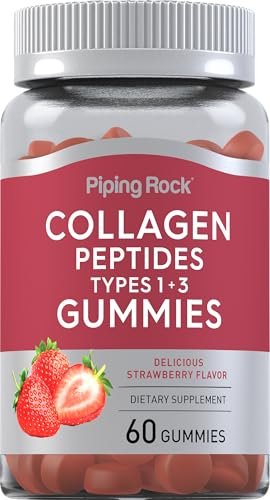 Piping Rock Collagen Gummis | 60 Stück | Kollagenpeptide Typ 1 und 3 | Erdbeergeschmack | Rinderkollagen | Nicht-GVO, Glutenfrei