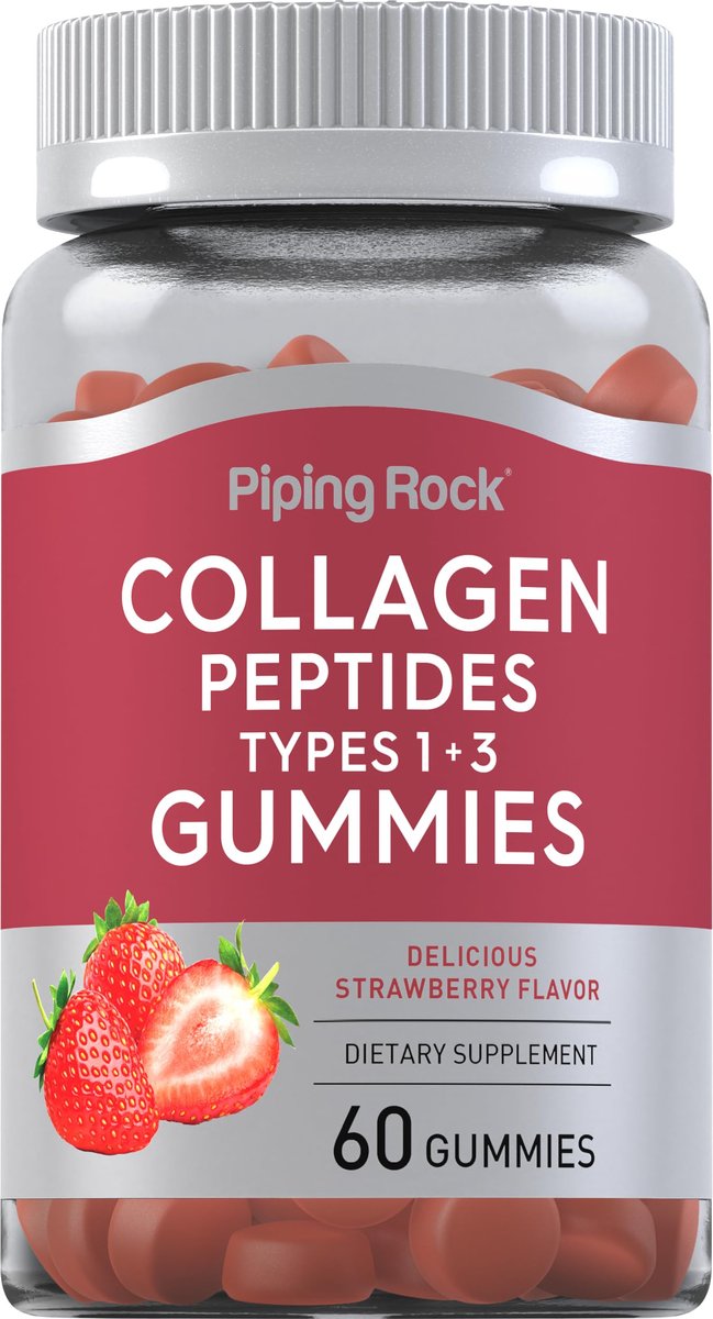 Piping Rock Collagen Gummis | 60 Stück | Kollagenpeptide Typ 1 und 3 | Erdbeergeschmack | Rinderkollagen | Nicht-GVO, Glutenfrei