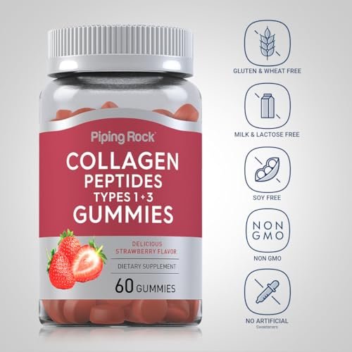 Piping Rock Collagen Gummis | 60 Stück | Kollagenpeptide Typ 1 und 3 | Erdbeergeschmack | Rinderkollagen | Nicht-GVO, Glutenfrei