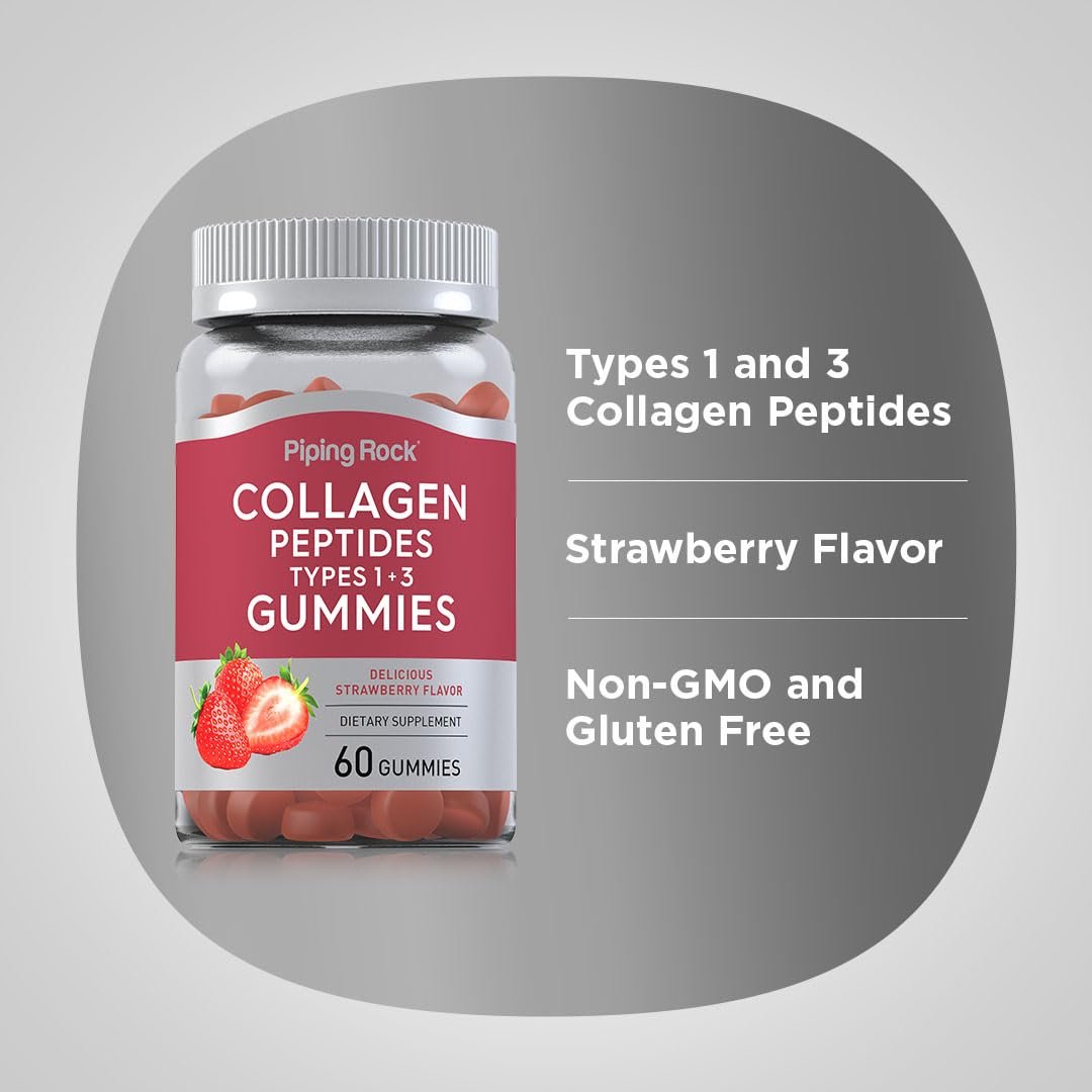 Piping Rock Collagen Gummis | 60 Stück | Kollagenpeptide Typ 1 und 3 | Erdbeergeschmack | Rinderkollagen | Nicht-GVO, Glutenfrei