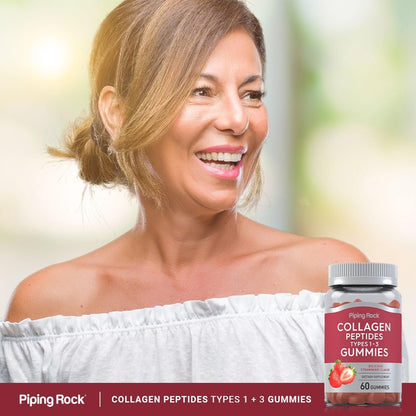 Piping Rock Collagen Gummis | 60 Stück | Kollagenpeptide Typ 1 und 3 | Erdbeergeschmack | Rinderkollagen | Nicht-GVO, Glutenfrei