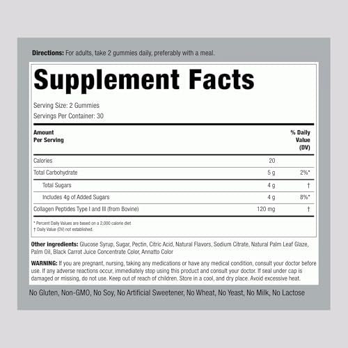 Piping Rock Collagen Gummis | 60 Stück | Kollagenpeptide Typ 1 und 3 | Erdbeergeschmack | Rinderkollagen | Nicht-GVO, Glutenfrei