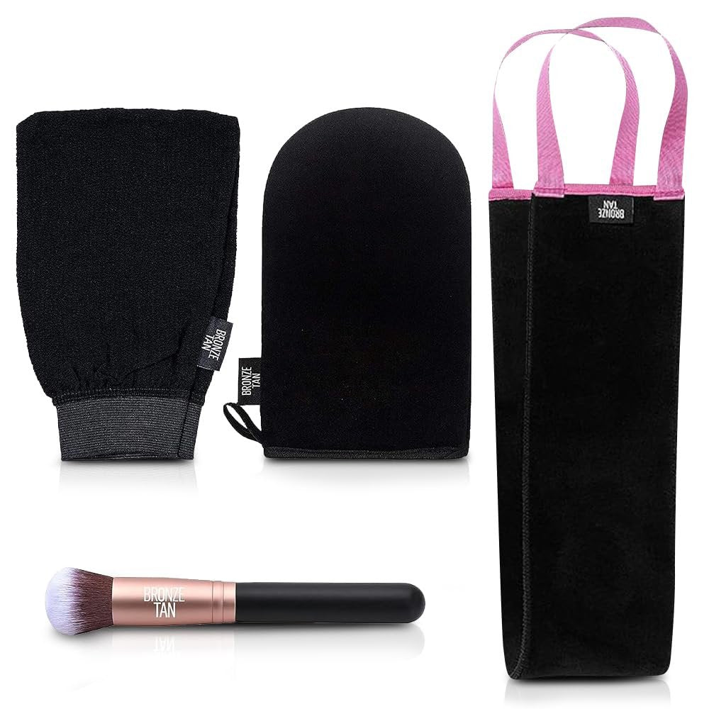 Bronze Tan Selbstbräuner-Zubehör-Set – Inklusive Selbstbräunungshandschuh, Peeling-Handschuh, Rückenapplikator und Gesichts- & Handpinsel – Sonnenlose Bräunungsanwendung