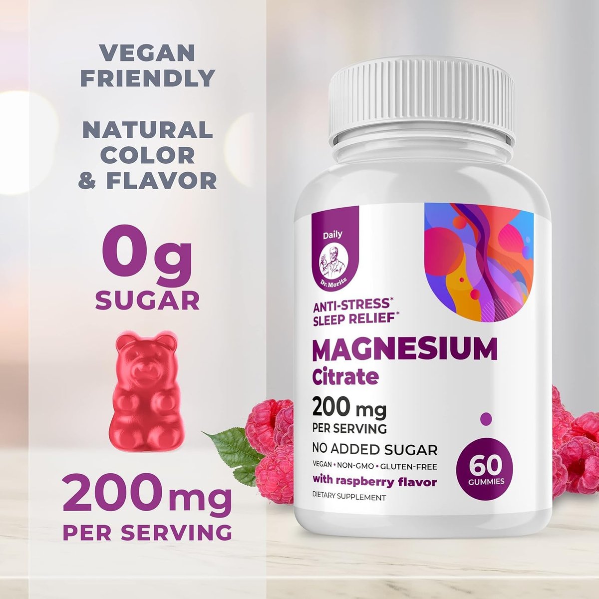 DR. MORITZ Magnesiumcitrat Gummies für Erwachsene - Zuckerfreie Calm Magnesium Gummies - Unterstützt eine gesunde Stressreaktion - Himbeergeschmack - Nicht-GVO, 200 mg (60 Stück)