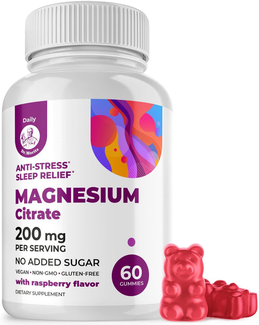 DR. MORITZ Magnesiumcitrat Gummies für Erwachsene - Zuckerfreie Calm Magnesium Gummies - Unterstützt eine gesunde Stressreaktion - Himbeergeschmack - Nicht-GVO, 200 mg (60 Stück)