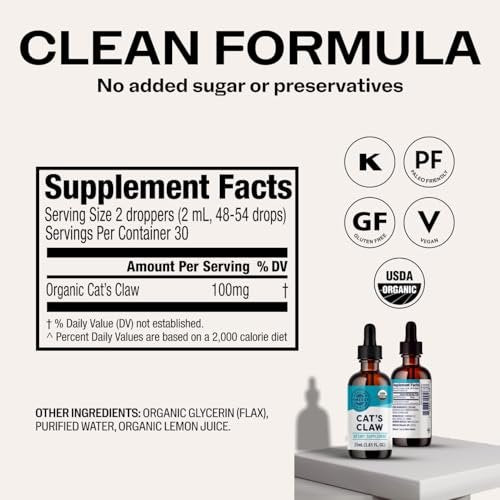 Vimergy USDA Bio-Katzenkralle Flüssigkeit – Antioxidative Unterstützung und Immunsystem-Stärkung* – Vegan, Glutenfrei, Nicht-GVO – 27 Portionen (55 ml)