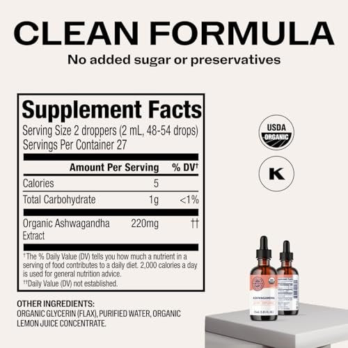 Vimergy Bio Ashwagandha Flüssigextrakt – 27 Portionen (2 ml pro Portion) – 220 mg Extrakt pro Portion – Stressadaptogen, Kognitive & Schlafunterstützung – Alkoholfrei, Nicht-GVO (55 ml)