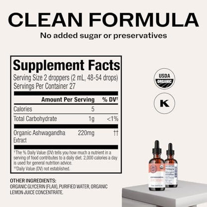Vimergy Bio Ashwagandha Flüssigextrakt – 27 Portionen (2 ml pro Portion) – 220 mg Extrakt pro Portion – Stressadaptogen, Kognitive & Schlafunterstützung – Alkoholfrei, Nicht-GVO (55 ml)