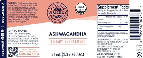 Vimergy Bio Ashwagandha Flüssigextrakt – 27 Portionen (2 ml pro Portion) – 220 mg Extrakt pro Portion – Stressadaptogen, Kognitive & Schlafunterstützung – Alkoholfrei, Nicht-GVO (55 ml)