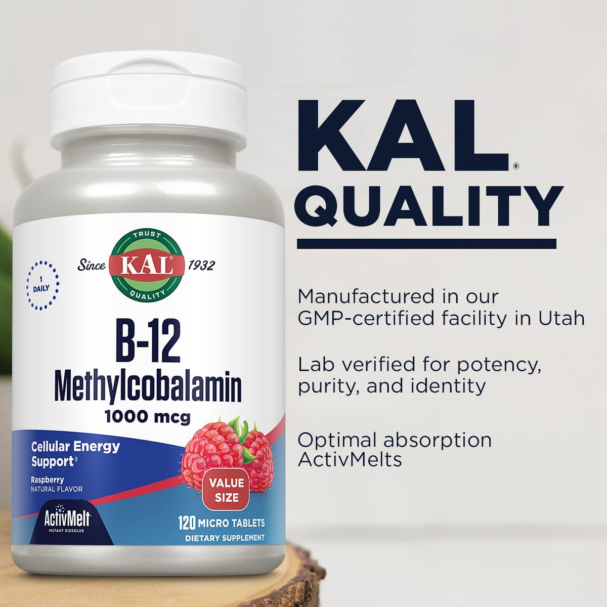 KAL Vitamin B12 Methylcobalamin 1000mcg – Schnell lösliche Mikrotabletten für Energie, Nerven & Blutbildung, 120 Stück, Himbeergeschmack