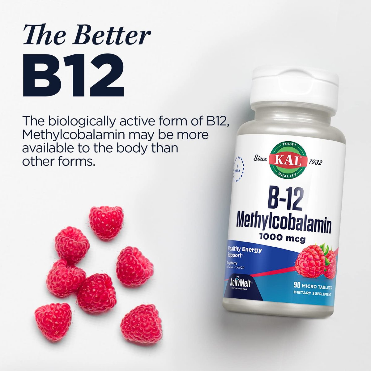 KAL Vitamin B12 Methylcobalamin 1000mcg – Schnell lösliche Mikrotabletten für Energie, Nerven & Blutbildung, 120 Stück, Himbeergeschmack