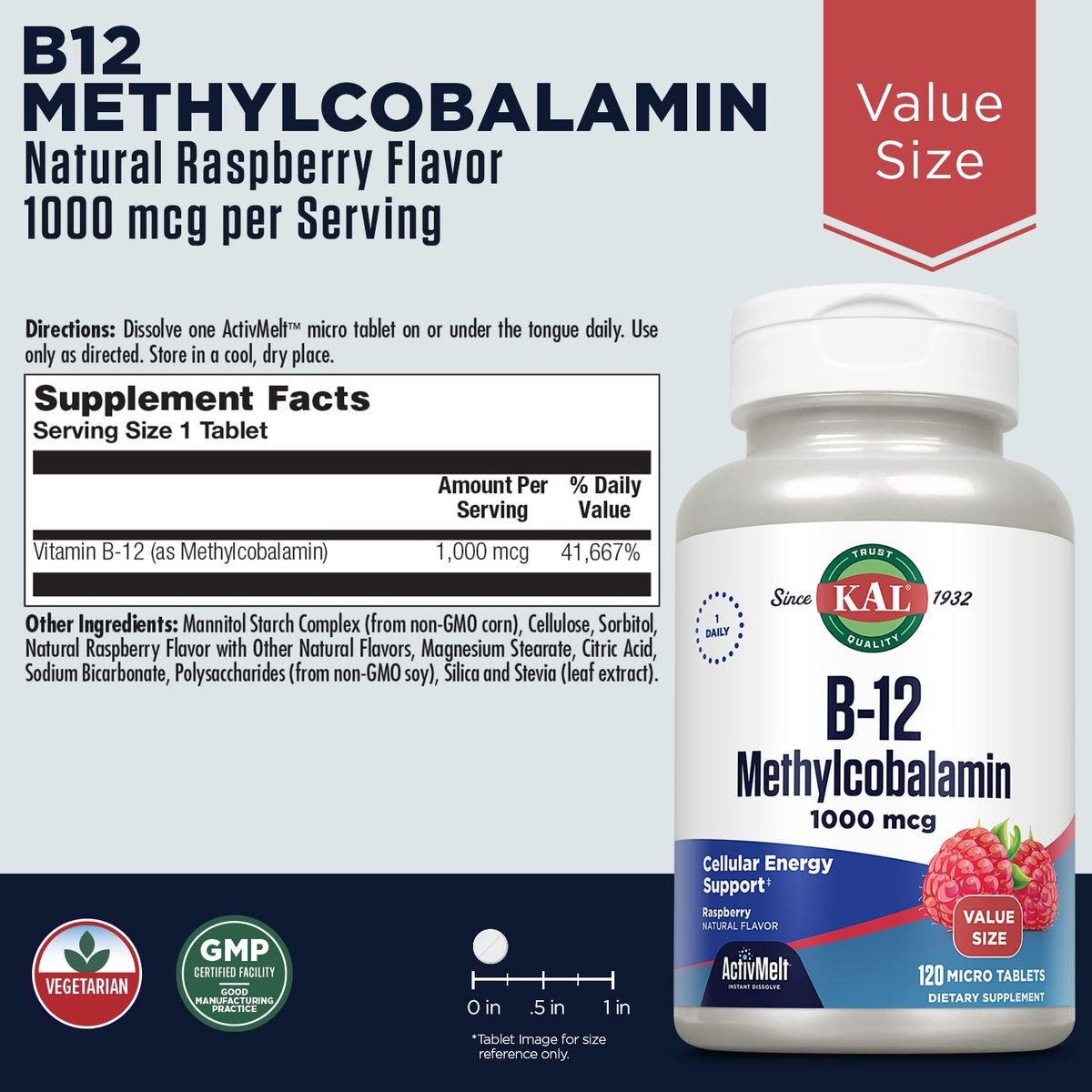 KAL Vitamin B12 Methylcobalamin 1000mcg – Schnell lösliche Mikrotabletten für Energie, Nerven & Blutbildung, 120 Stück, Himbeergeschmack