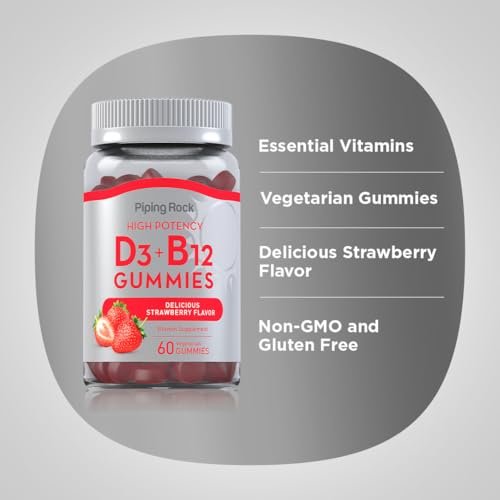 Piping Rock Vitamin D3 & B12 Gummis | 60 Stück | Hochdosiert | Erdbeergeschmack | Vegetarisch, Ohne Gentechnik, Glutenfrei