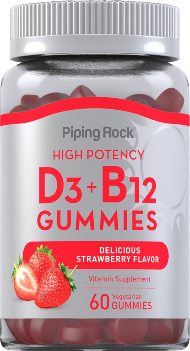 Piping Rock Vitamin D3 & B12 Gummis | 60 Stück | Hochdosiert | Erdbeergeschmack | Vegetarisch, Ohne Gentechnik, Glutenfrei