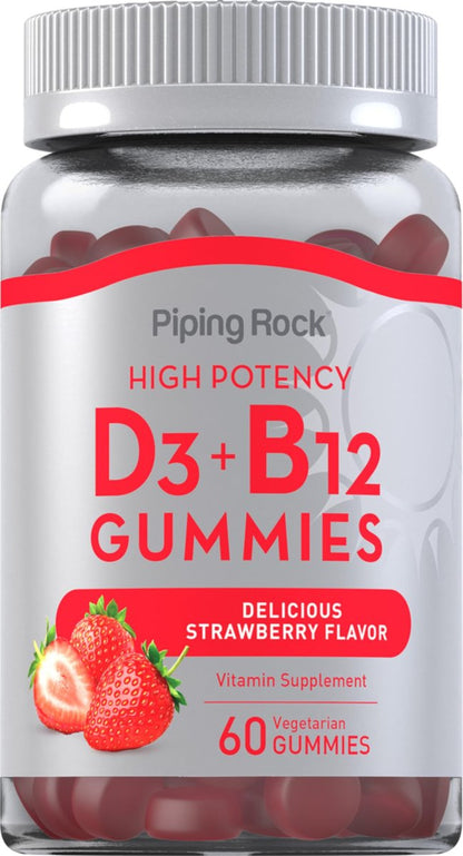 Piping Rock Vitamin D3 & B12 Gummis | 60 Stück | Hochdosiert | Erdbeergeschmack | Vegetarisch, Ohne Gentechnik, Glutenfrei