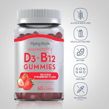 Piping Rock Vitamin D3 & B12 Gummis | 60 Stück | Hochdosiert | Erdbeergeschmack | Vegetarisch, Ohne Gentechnik, Glutenfrei