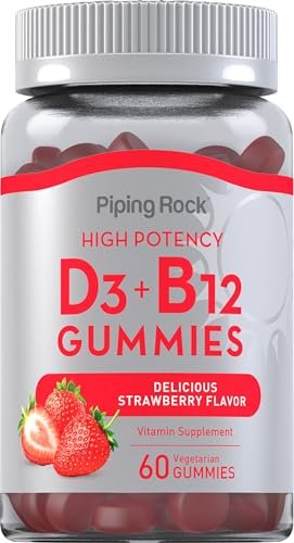 Piping Rock Vitamin D3 & B12 Gummis | 60 Stück | Hochdosiert | Erdbeergeschmack | Vegetarisch, Ohne Gentechnik, Glutenfrei