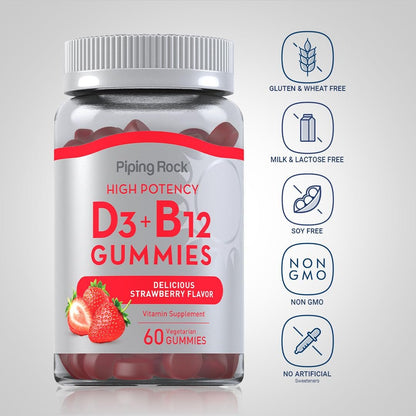 Piping Rock Vitamin D3 & B12 Gummis | 60 Stück | Hochdosiert | Erdbeergeschmack | Vegetarisch, Ohne Gentechnik, Glutenfrei