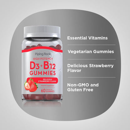 Piping Rock Vitamin D3 & B12 Gummis | 60 Stück | Hochdosiert | Erdbeergeschmack | Vegetarisch, Ohne Gentechnik, Glutenfrei