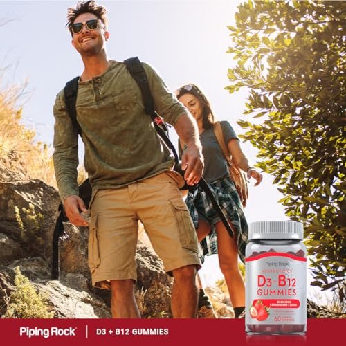 Piping Rock Vitamin D3 & B12 Gummis | 60 Stück | Hochdosiert | Erdbeergeschmack | Vegetarisch, Ohne Gentechnik, Glutenfrei