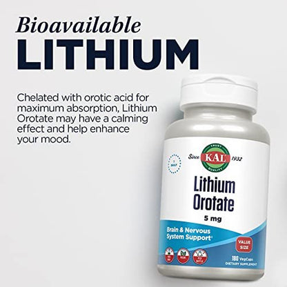 KAL Lithium Orotat 5 mg – Niedrig dosiertes Lithiumpräparat zur Unterstützung des allgemeinen Wohlbefindens und der Stimmung, hoch bioverfügbar, vegan, 60-Tage-Garantie, 180 Kapseln