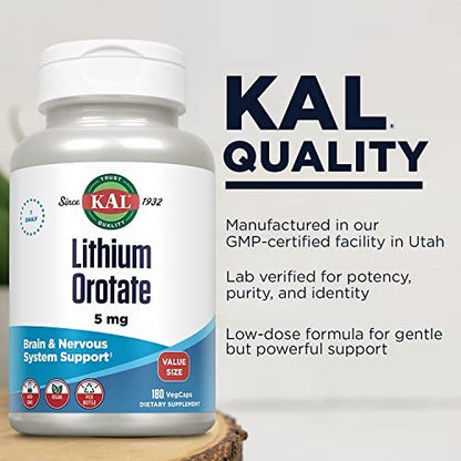 KAL Lithium Orotat 5 mg – Niedrig dosiertes Lithiumpräparat zur Unterstützung des allgemeinen Wohlbefindens und der Stimmung, hoch bioverfügbar, vegan, 60-Tage-Garantie, 180 Kapseln