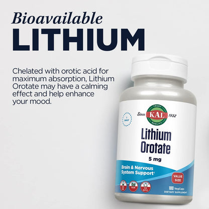 KAL Lithium Orotat 5 mg – Niedrig dosiertes Lithiumpräparat zur Unterstützung des allgemeinen Wohlbefindens und der Stimmung, hoch bioverfügbar, vegan, 60-Tage-Garantie, 180 Kapseln