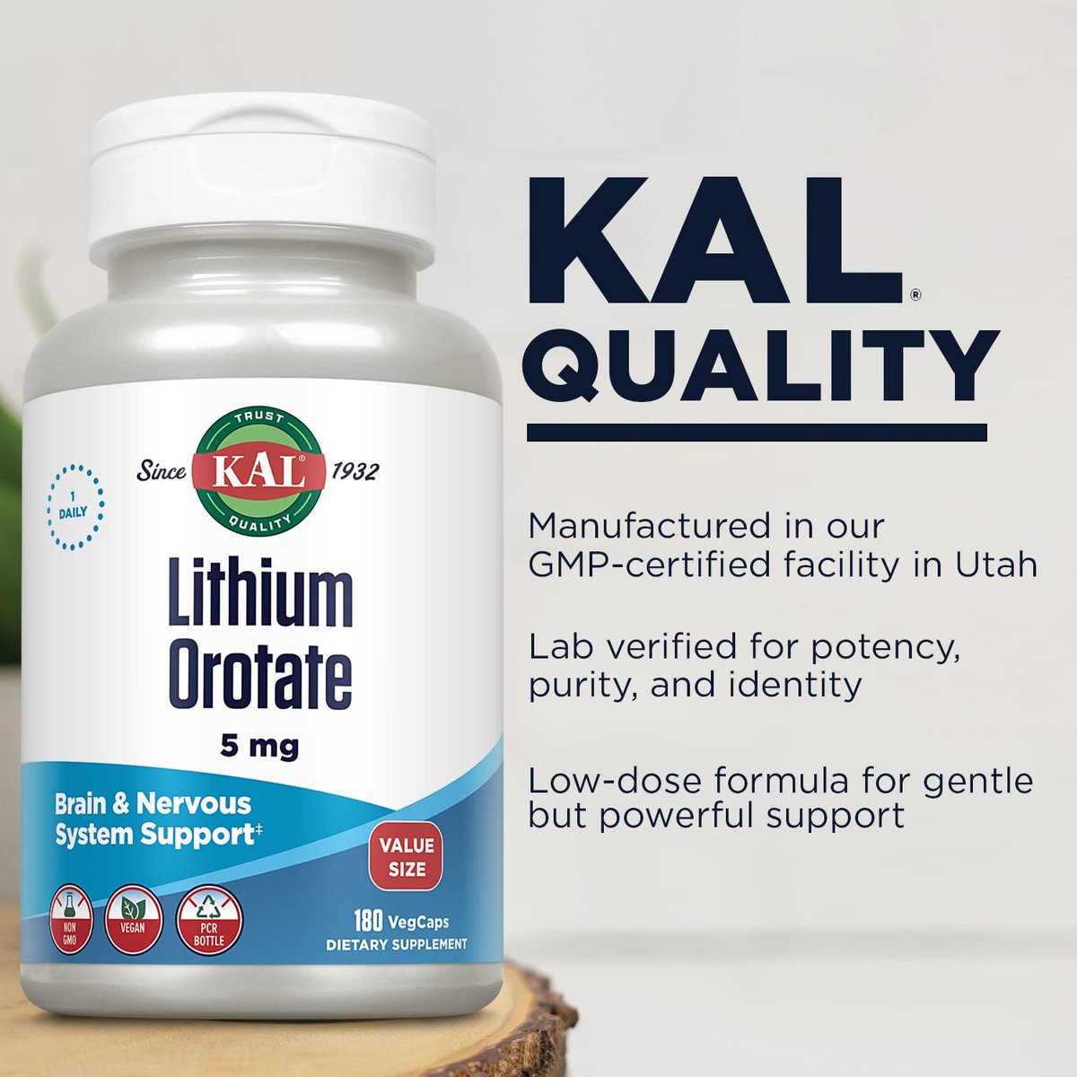 KAL Lithium Orotat 5 mg – Niedrig dosiertes Lithiumpräparat zur Unterstützung des allgemeinen Wohlbefindens und der Stimmung, hoch bioverfügbar, vegan, 60-Tage-Garantie, 180 Kapseln