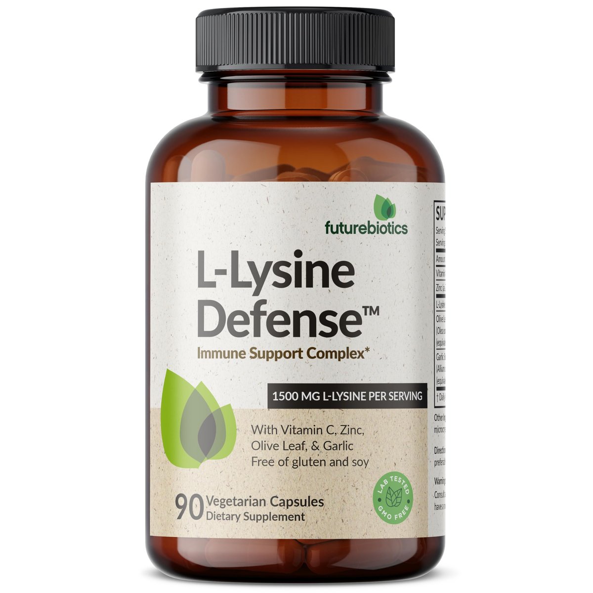 Futurebiotics L-Lysin Abwehrkomplex 1500 mg pro Portion mit Vitamin C, Zink, Olivenblatt & Knoblauch – Non-GMO, 90 vegane Kapseln