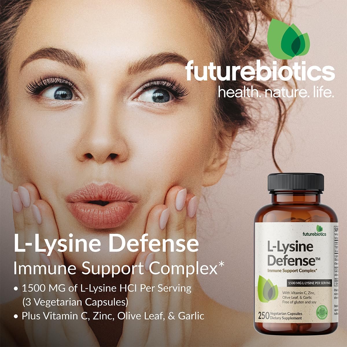 Futurebiotics L-Lysin Abwehrkomplex 1500 mg pro Portion mit Vitamin C, Zink, Olivenblatt & Knoblauch – Non-GMO, 90 vegane Kapseln