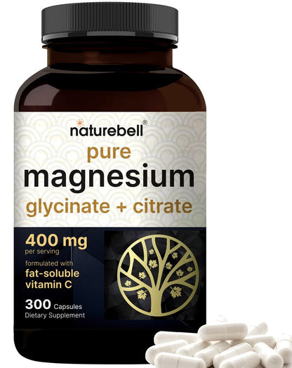 NatureBell Magnesium Complex 400mg, 300 Kapseln | Glycinat, Citrat | Chelatiert & Rein | Unterstützung für Knochen, Herz & Verdauung | Nicht-GVO