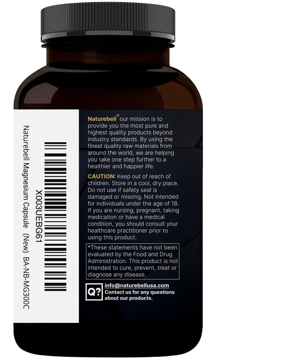 NatureBell Magnesium Complex 400mg, 300 Kapseln | Glycinat, Citrat | Chelatiert & Rein | Unterstützung für Knochen, Herz & Verdauung | Nicht-GVO