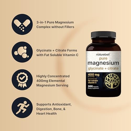 NatureBell Magnesium Complex 400mg, 300 Kapseln | Glycinat, Citrat | Chelatiert & Rein | Unterstützung für Knochen, Herz & Verdauung | Nicht-GVO