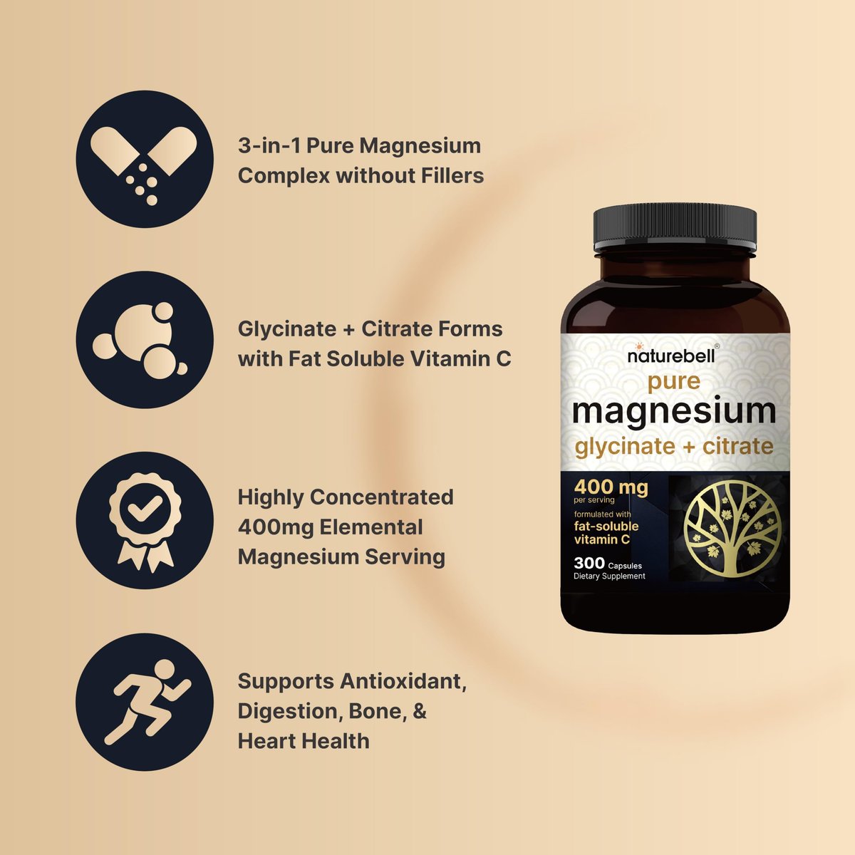 NatureBell Magnesium Complex 400mg, 300 Kapseln | Glycinat, Citrat | Chelatiert & Rein | Unterstützung für Knochen, Herz & Verdauung | Nicht-GVO