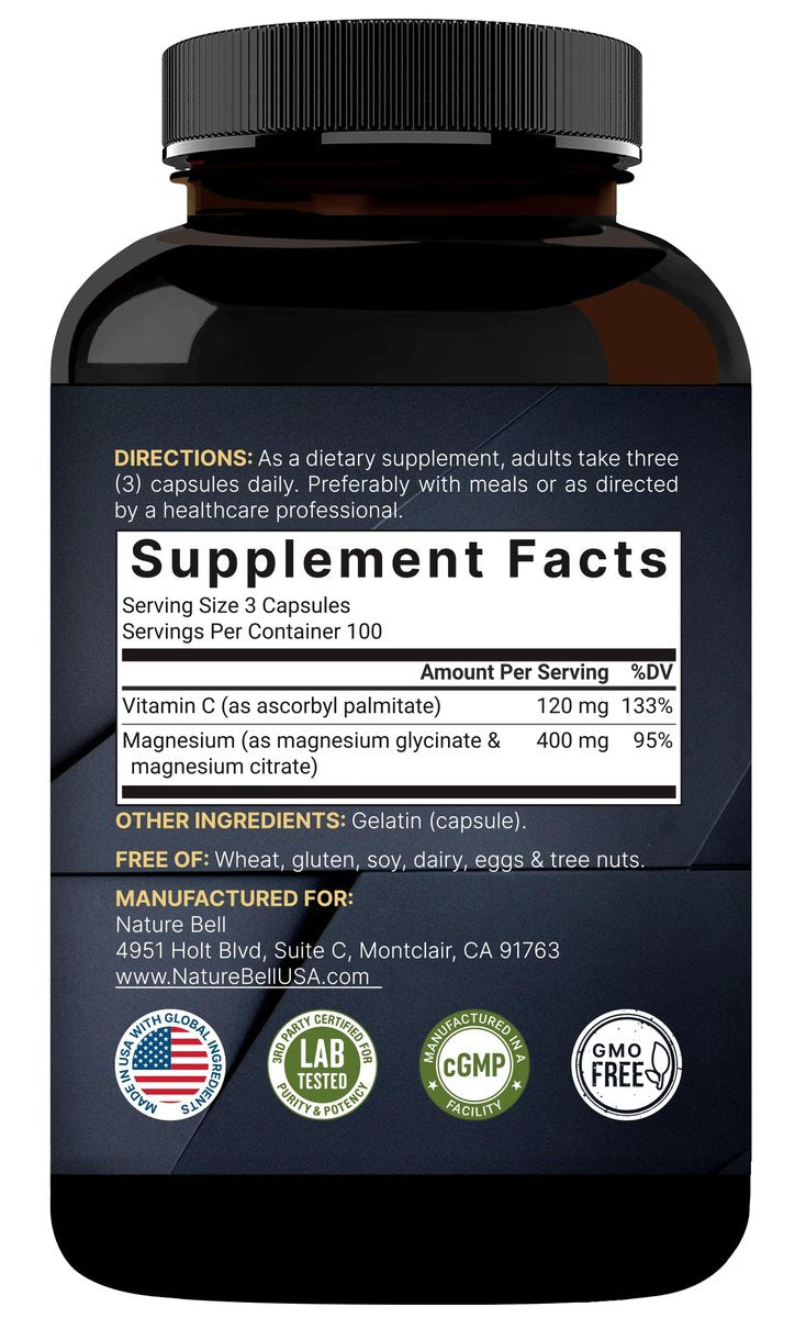 NatureBell Magnesium Complex 400mg, 300 Kapseln | Glycinat, Citrat | Chelatiert & Rein | Unterstützung für Knochen, Herz & Verdauung | Nicht-GVO