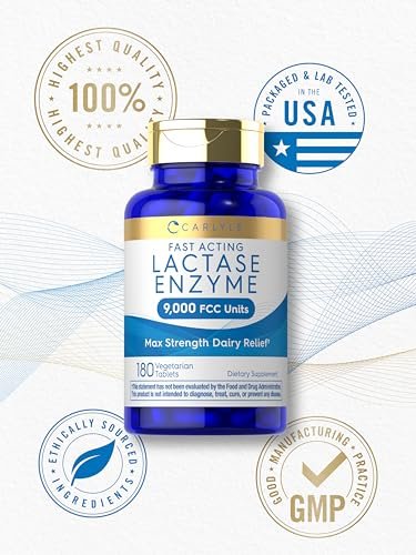 Carlyle Laktase-Enzym-Tabletten 9000 FCC | 180 Tabletten | Maximale Stärke bei Laktoseintoleranz | Schnell wirkend | Vegetarisch, Ohne Gentechnik, Glutenfrei