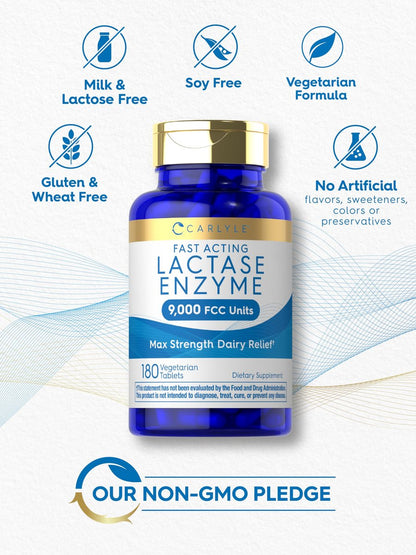 Carlyle Laktase-Enzym-Tabletten 9000 FCC | 180 Tabletten | Maximale Stärke bei Laktoseintoleranz | Schnell wirkend | Vegetarisch, Ohne Gentechnik, Glutenfrei